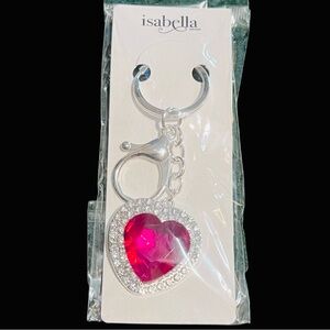 🎟️ Silver Tone Rhinestone Bling Hot Pink Heart Bag Charm Keychain - NIP